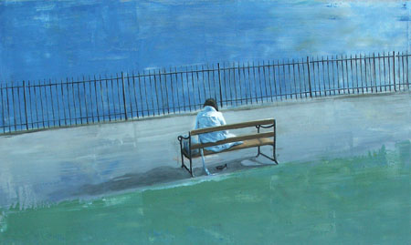 'Reading on a Bench'  Oil on board 38 x 30.5 cm 2006